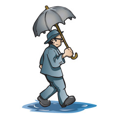Isolated person walking with an open umbrella