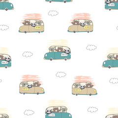 Kids baby pattern of animals driving a car in the white backdrop