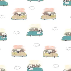 Acrylic prints Animals in transport Kids baby pattern of animals driving a car in the white backdrop
