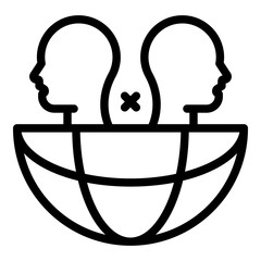 Two heads and a globe icon. Outline two heads and a globe vector icon for web design isolated on white background