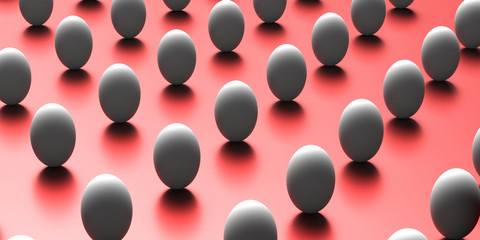 Easter eggs in distance on red background. 3d illustration