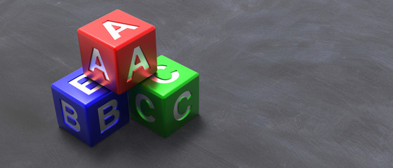 Abc colorful blocks on blackboard background. 3d illustration