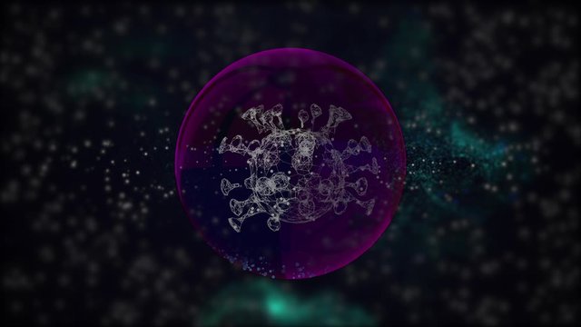3d render virus cell rotating inside a purple bubble over defocused starry background.