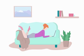 Work from home to prevent coronavirus. Home office. Woman or girl working from home. Covid-19 pandemic. Vector illustration in a flat style.