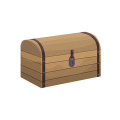 Vector illustration of a vintage wooden chest in cartoon style. Large Chest with a round lid and a padlock For treasures and pirates, as well as for storing things or products