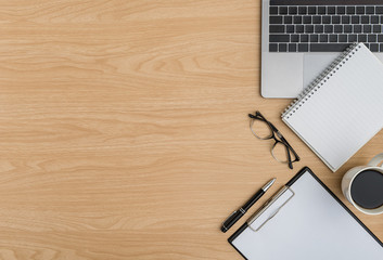 Top view Wood office desk table. Flat lay Workspace