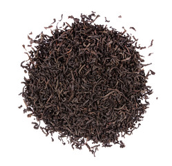 Dry black tea leaves isolated on white background