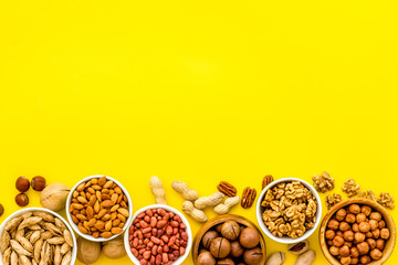 Set of macadamia, hazelnut, walnut, almond, pistachio, pecans nuts on yellow background top-down frame copy space