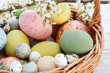 Basket with Easter eggs and cherry blossom branch.
