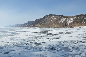 
texture of ice  in frozen Lake Baikal ,Siberia, Russia in winter