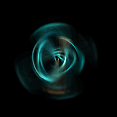 Obraz premium Spinning rays of light isolated on black background. Graphic 2D illustration of glowing colorful light particles in circular motion.
