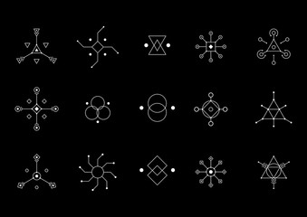 UFO or spiritual geometry white symbol set. Circle, square, rhombus figures. Design symbols for puzzle, logic, Metroidvania games. Vector illustration.