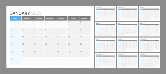 Wall calendar template for 2021 year. Planner diary in a minimalist style. Week Starts on Sunday. Monthly calendar ready for print.