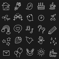 Cute icons monochrome collection. White doodle vector symbols of house, flowers, stars, cherry, rainbow, bunny, love letter, coffee, cake, music, etc