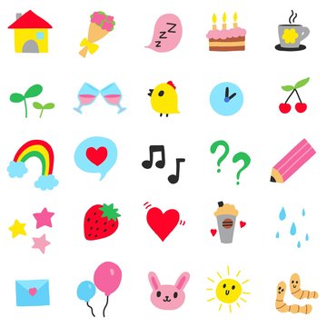 Cute icons collection. Cartoon doodle style vector symbols of house, flowers, stars, cherry, rainbow, bunny, love letter, coffee, cake, music, etc