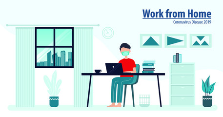 Flat illustration of character working on computer at home for prevention from corona virus Premium Vector
