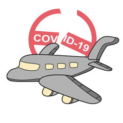 End of COVID-19. Coronavirus prevention. Plane with broken stop symbol. Vector illustration