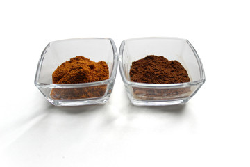 Top view mix indian spices and herbs glass pots on white background with copy space for design vegetable, healthy lifestyle, spices, herbs or foods content