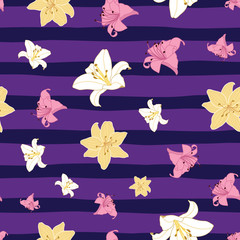 Lily flowers seamless vector pattern on purple background with stripes