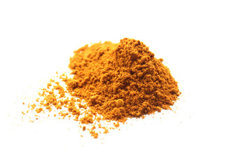 Turmeric powder isolated on white background, top view
