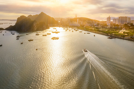 Aerial view of Halong Bay, Vietnam, Southeast Asia. UNESCO World Heritage Site. Junk boat cruise to Ha Long Bay. Popular landmark, famous destination of Vietnam