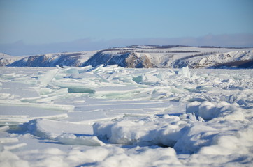 Natural landscape of frozen Lake Baikal ,Siberia, Russia in winter