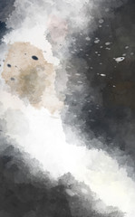 Watercolor painted background with blots and splatters. Brush stroked painting. 2D Illustration.