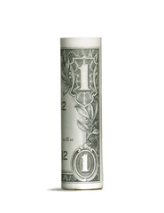 One dollar rolled bill isolated on white background.