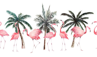 Naklejka premium Tropical seamless pattern with flamingo and palm trees. Watercolor print on white background. Summer hand drawn illustration