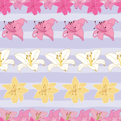 Seamless pattern with lily flowers on pastel purple stripes