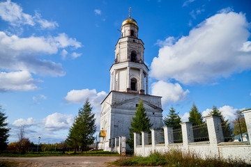 Traditional russian church with domes in a village. Architecture in the Orthodox religion