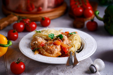 meatballs with spaghetti and pesto...style rustic