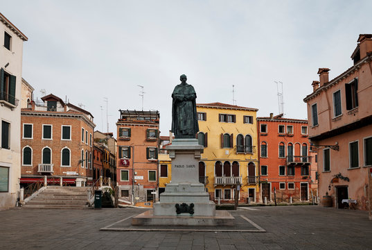 Venice/Italy - September 20, 2020: Statue of Paolo Sarpi, Venetian statesman of 16th and 17th century, Campo Santa Fosca
