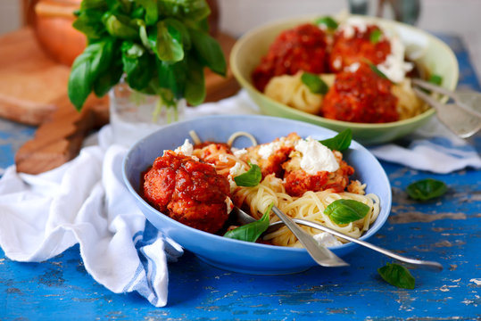 Turkey  Meat Balls Stuffed With Feta Cheese In Tomato Sauce