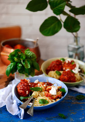 Turkey  meat balls stuffed with feta cheese in tomato sauce