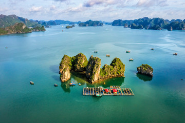 Aerial view of Cua Van floating fishing village and rock island, Halong Bay, Vietnam, Southeast Asia. UNESCO World Heritage Site. Junk boat cruise to Ha Long Bay. Famous destination of Vietnam © Hien Phung