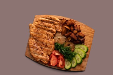 Shashlyk with vegetables and salad shot
