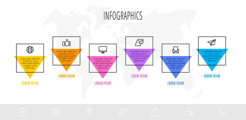 Horizontal business infographics with 6 elements with arrows. Vector flat template of six business options to choose from. Concept of modern design for diagram, chart, web design, presentation