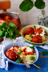 Turkey  meat balls stuffed with feta cheese in tomato sauce