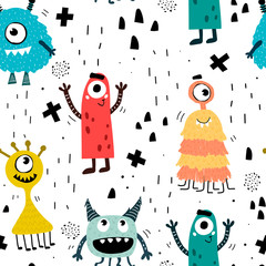 seamless pattern with cartoon monsters, decor elements. Colorful vector flat style for kids. hand drawing. baby design for fabric, print, wrapper, textile
