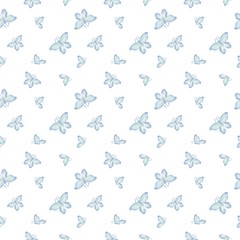Blue butterflies on a white background. Seamless watercolor pattern. For prints on fabric and paper, etc.