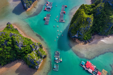 Aerial view Vung Vieng floating fishing village and rock island, Halong Bay, Vietnam, Southeast Asia. UNESCO World Heritage Site. Junk boat cruise to Ha Long Bay. Famous destination of Vietnam © Hien Phung