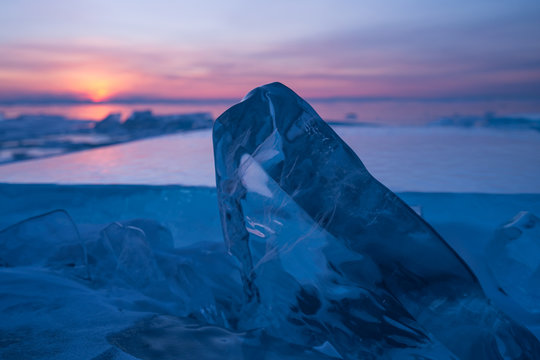 Baikal frozen lake in a morning sunrise view from Uzury bay, Siberia, Russia