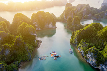 Aerial view Vung Vieng floating fishing village and rock island, Halong Bay, Vietnam, Southeast...