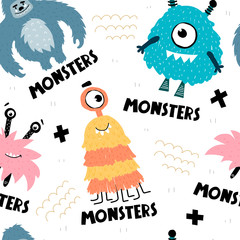 seamless pattern with cartoon monsters, hand drawing lettering, decor elements. Colorful vector flat style for kids. baby design for fabric, print, wrapper, textile