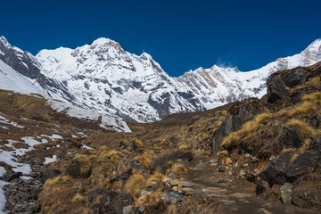 Trail to Annapurna base camp in Pokhara, Himalaya mountain range in Nepal