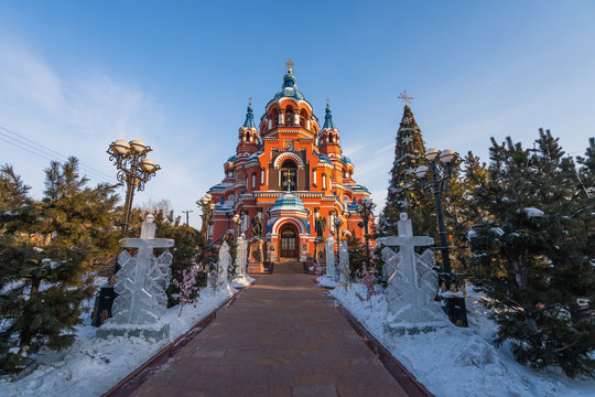 Kazan Orthodox church Icon of the Mother of God in  city center of Irkutsk in winter season, Russia, Siberia