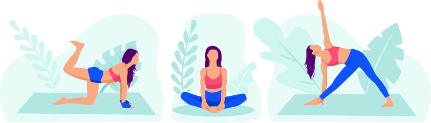 Athletic women Exercising Fitness and Yoga at Home.Vector Flat Illustration.Sport Exercise. People quarantine at home prevent spread of infection. 