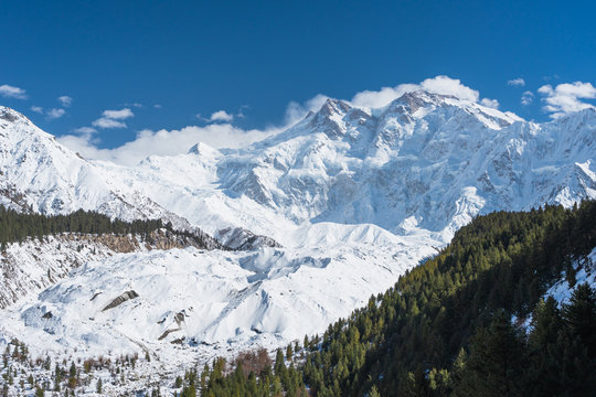Nanga Parbat mountain massif view from fairy meadow with many snow in winter season, Gilgit Baltistan, Pakistan