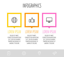 Vector flat infographics with 3 elements with arrows. Business template of three parts, options, processes. Concept of modern design for diagram, chart, web design, graph